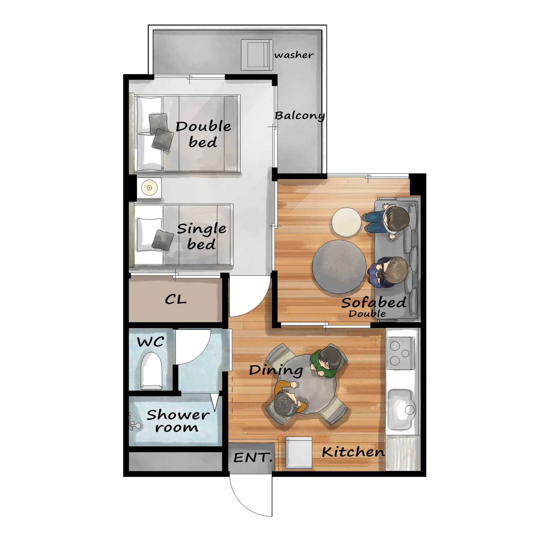 Floor plan of the 33 square metre 2DK apartment: a Japanese-style room with a double bed and a single bed, a living room with a double sofa bed, a dining kitchen, a separate toilet, a shower room, a closet and a balcony with the washing machine